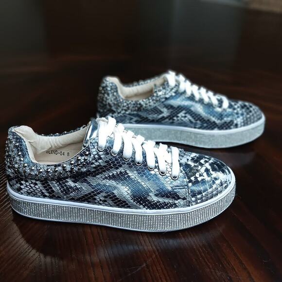 Bling Womans Jeweled Fashion Sneakers Stud Collar Snake Skin Texture Bella Luna - Picture 2 of 15